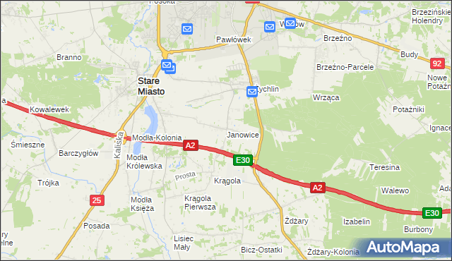 mapa Janowice gmina Stare Miasto, Janowice gmina Stare Miasto na mapie Targeo