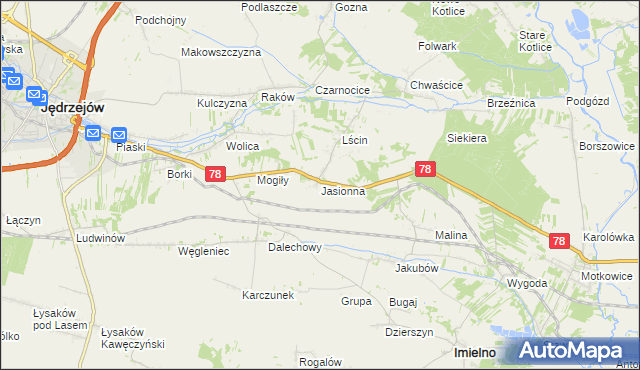 mapa Jasionna gmina Jędrzejów, Jasionna gmina Jędrzejów na mapie Targeo