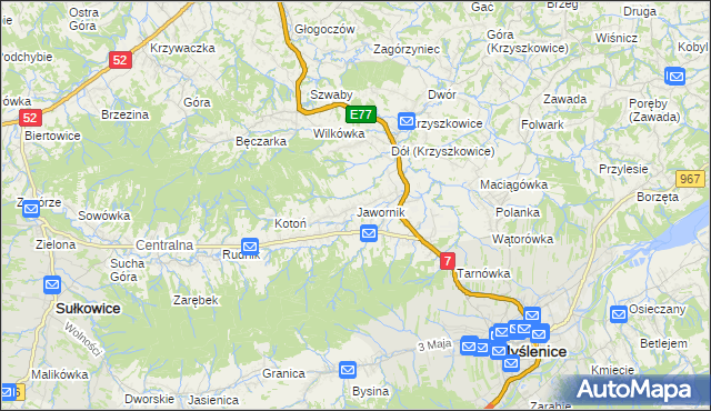 mapa Jawornik gmina Myślenice, Jawornik gmina Myślenice na mapie Targeo