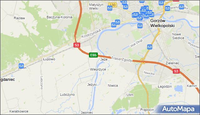 mapa Jeże gmina Bogdaniec, Jeże gmina Bogdaniec na mapie Targeo