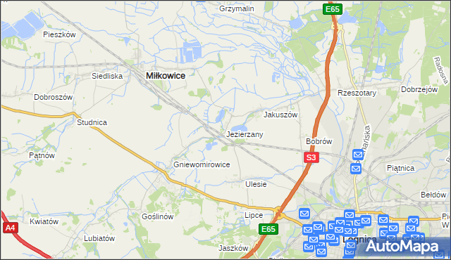 mapa Jezierzany gmina Miłkowice, Jezierzany gmina Miłkowice na mapie Targeo