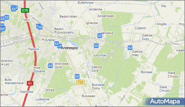 mapa Justynów gmina Andrespol, Justynów gmina Andrespol na mapie Targeo