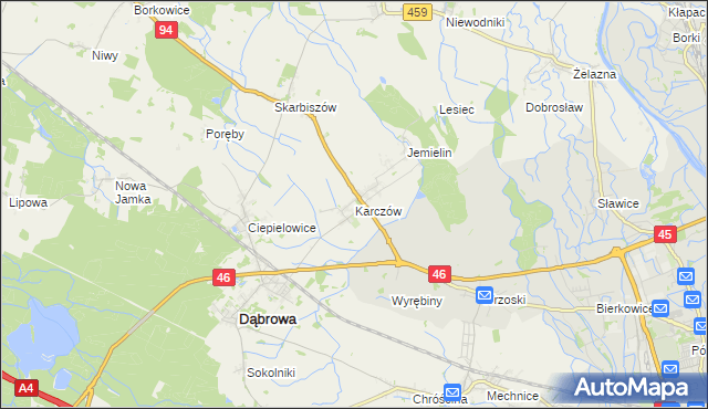 mapa Karczów gmina Dąbrowa, Karczów gmina Dąbrowa na mapie Targeo