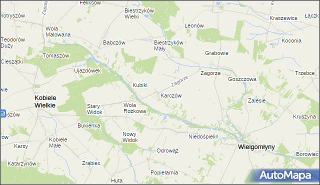 mapa Karczów gmina Wielgomłyny, Karczów gmina Wielgomłyny na mapie Targeo