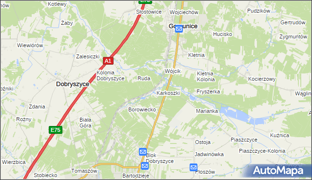 mapa Karkoszki gmina Gomunice, Karkoszki gmina Gomunice na mapie Targeo