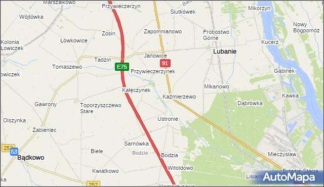 mapa Kaźmierzewo gmina Lubanie, Kaźmierzewo gmina Lubanie na mapie Targeo