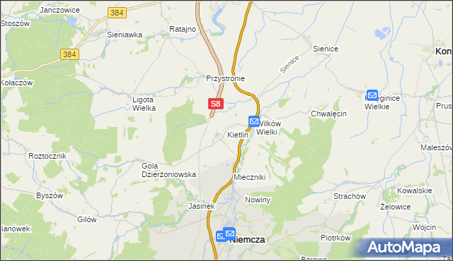 mapa Kietlin gmina Niemcza, Kietlin gmina Niemcza na mapie Targeo