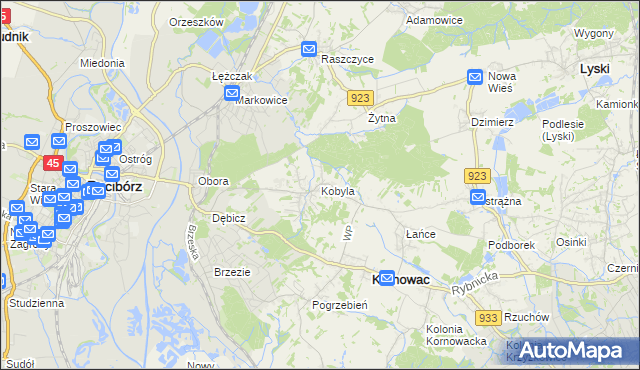 mapa Kobyla gmina Kornowac, Kobyla gmina Kornowac na mapie Targeo