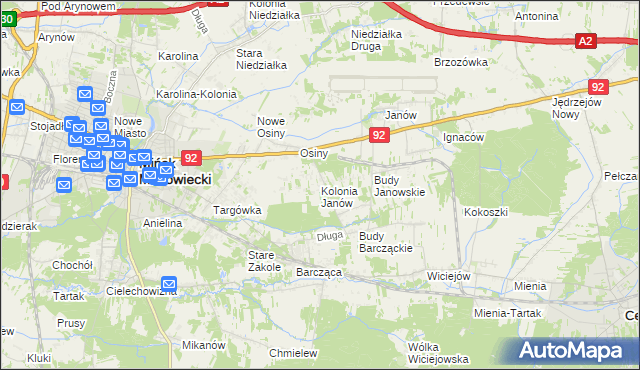 mapa Kolonia Janów gmina Mińsk Mazowiecki, Kolonia Janów gmina Mińsk Mazowiecki na mapie Targeo