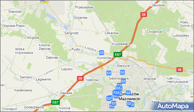 mapa Komorów gmina Tomaszów Mazowiecki, Komorów gmina Tomaszów Mazowiecki na mapie Targeo