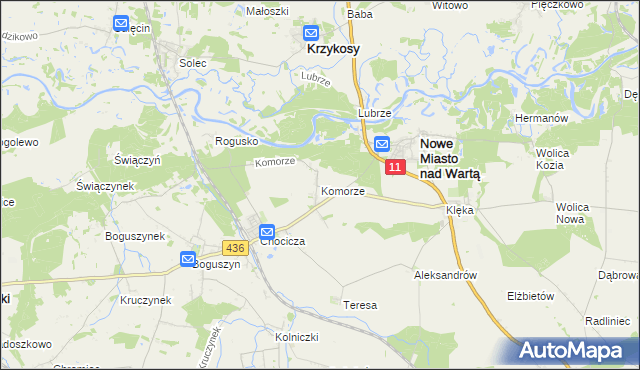 mapa Komorze gmina Nowe Miasto nad Wartą, Komorze gmina Nowe Miasto nad Wartą na mapie Targeo