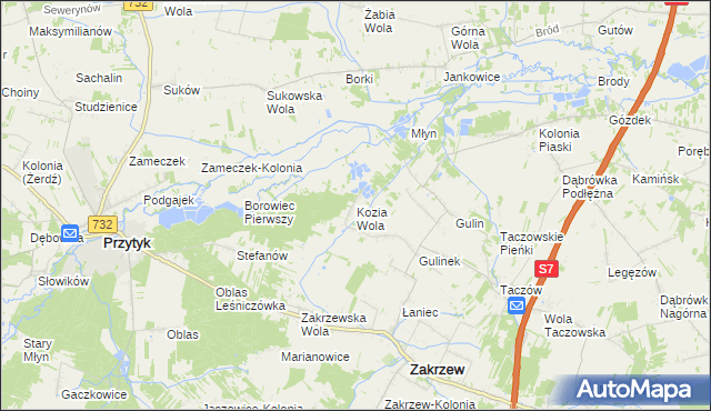 mapa Kozia Wola gmina Zakrzew, Kozia Wola gmina Zakrzew na mapie Targeo