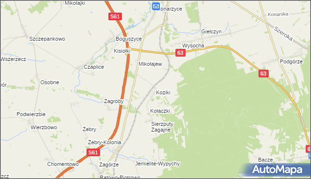 mapa Koziki gmina Śniadowo, Koziki gmina Śniadowo na mapie Targeo