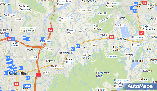 mapa Kozy powiat bielski, Kozy powiat bielski na mapie Targeo