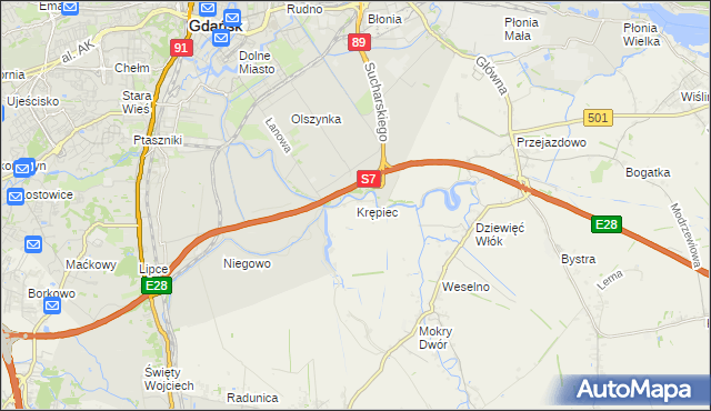 mapa Krępiec gmina Pruszcz Gdański, Krępiec gmina Pruszcz Gdański na mapie Targeo