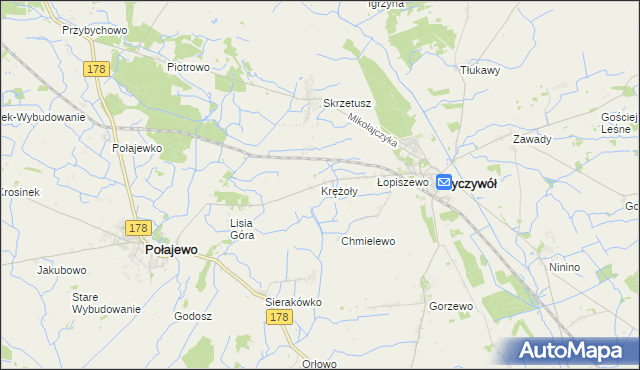 mapa Krężoły gmina Ryczywół, Krężoły gmina Ryczywół na mapie Targeo