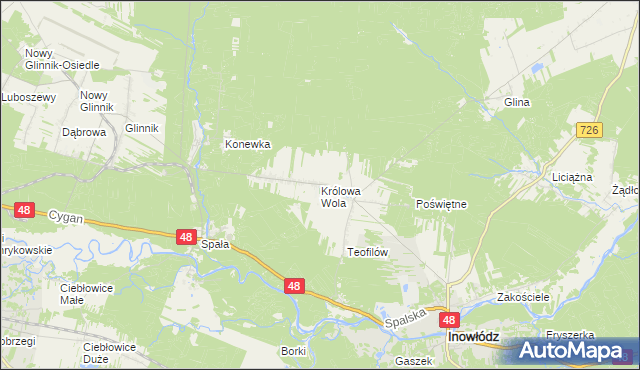 mapa Królowa Wola gmina Inowłódz, Królowa Wola gmina Inowłódz na mapie Targeo