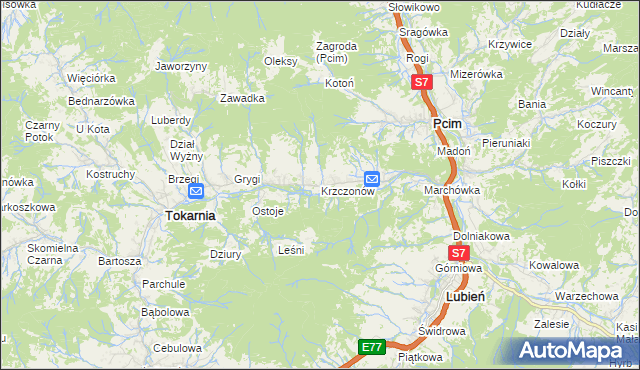 mapa Krzczonów gmina Tokarnia, Krzczonów gmina Tokarnia na mapie Targeo