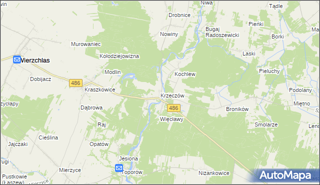 mapa Krzeczów gmina Wierzchlas, Krzeczów gmina Wierzchlas na mapie Targeo