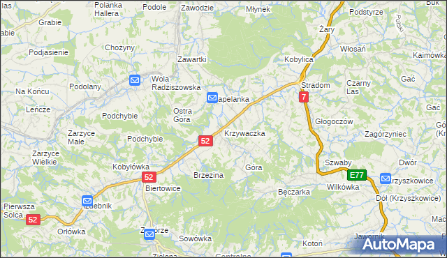 mapa Krzywaczka, Krzywaczka na mapie Targeo