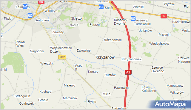 mapa Krzyżanów powiat kutnowski, Krzyżanów powiat kutnowski na mapie Targeo