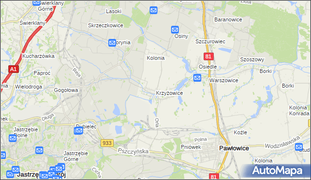 mapa Krzyżowice gmina Pawłowice, Krzyżowice gmina Pawłowice na mapie Targeo