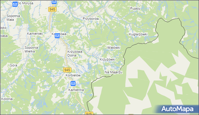 mapa Krzyżówki gmina Jeleśnia, Krzyżówki gmina Jeleśnia na mapie Targeo