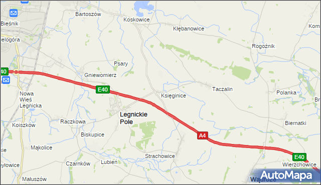 mapa Księginice gmina Legnickie Pole, Księginice gmina Legnickie Pole na mapie Targeo