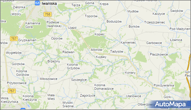 mapa Kujawy gmina Iwaniska, Kujawy gmina Iwaniska na mapie Targeo