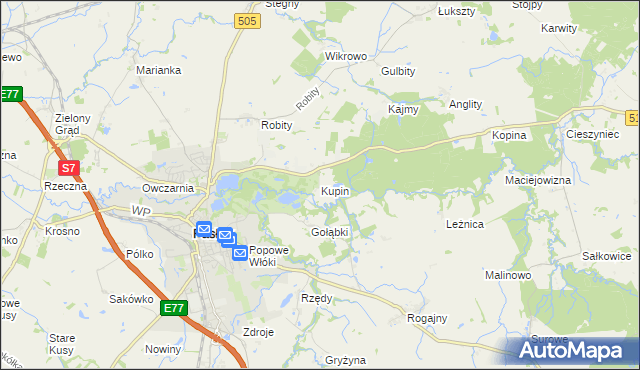 mapa Kupin gmina Pasłęk, Kupin gmina Pasłęk na mapie Targeo