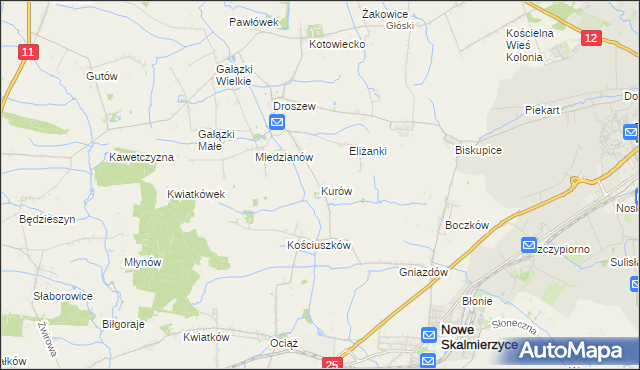 mapa Kurów gmina Nowe Skalmierzyce, Kurów gmina Nowe Skalmierzyce na mapie Targeo