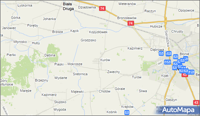 mapa Kurów gmina Wieluń, Kurów gmina Wieluń na mapie Targeo