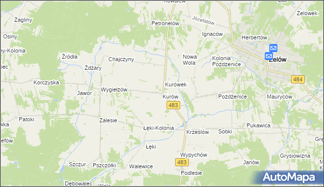 mapa Kurów gmina Zelów, Kurów gmina Zelów na mapie Targeo