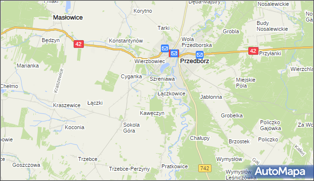 mapa Łączkowice gmina Masłowice, Łączkowice gmina Masłowice na mapie Targeo