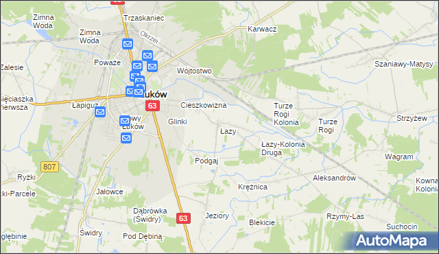 mapa Łazy gmina Łuków, Łazy gmina Łuków na mapie Targeo