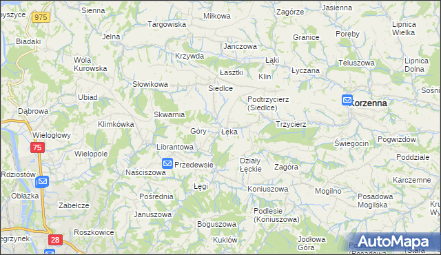 mapa Łęka gmina Korzenna, Łęka gmina Korzenna na mapie Targeo