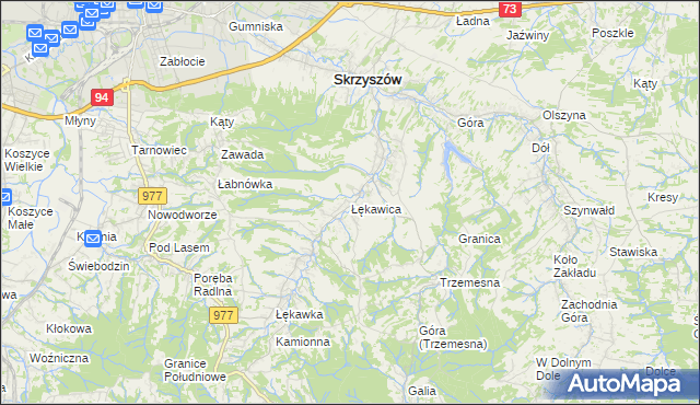 mapa Łękawica gmina Skrzyszów, Łękawica gmina Skrzyszów na mapie Targeo