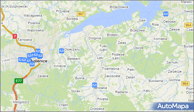 mapa Łęki gmina Myślenice, Łęki gmina Myślenice na mapie Targeo