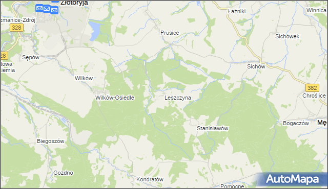 mapa Leszczyna gmina Złotoryja, Leszczyna gmina Złotoryja na mapie Targeo