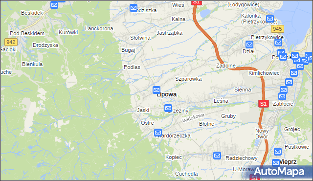 mapa Lipowa powiat żywiecki, Lipowa powiat żywiecki na mapie Targeo