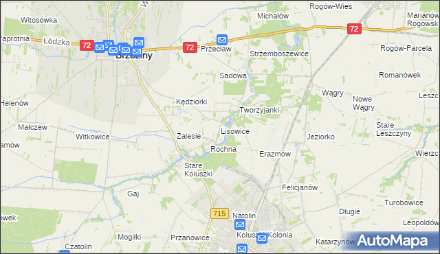 mapa Lisowice gmina Koluszki, Lisowice gmina Koluszki na mapie Targeo