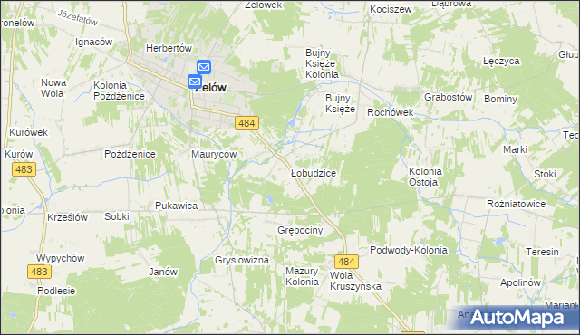 mapa Łobudzice gmina Zelów, Łobudzice gmina Zelów na mapie Targeo