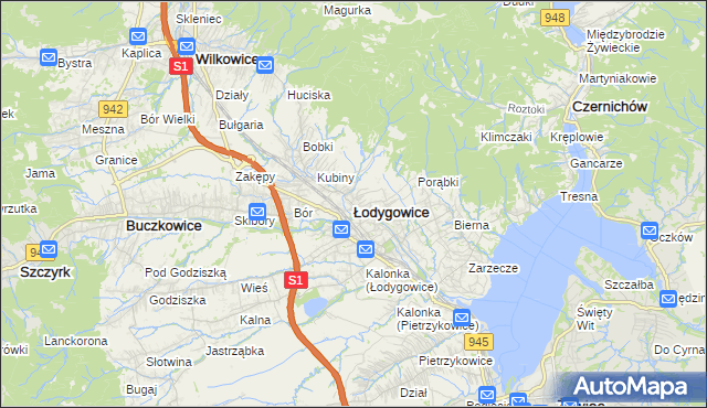 mapa Łodygowice powiat żywiecki, Łodygowice powiat żywiecki na mapie Targeo