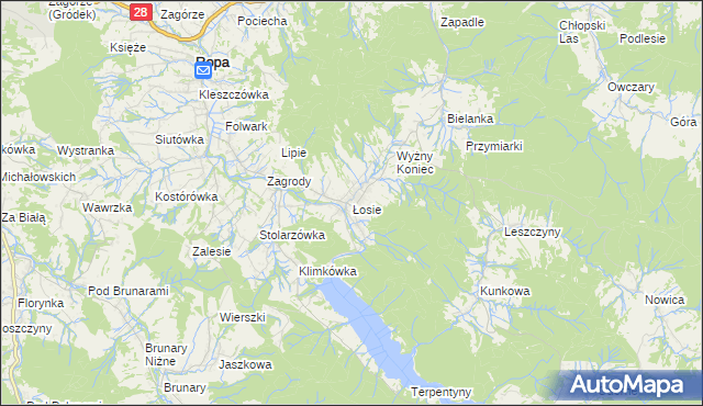 mapa Łosie gmina Ropa, Łosie gmina Ropa na mapie Targeo