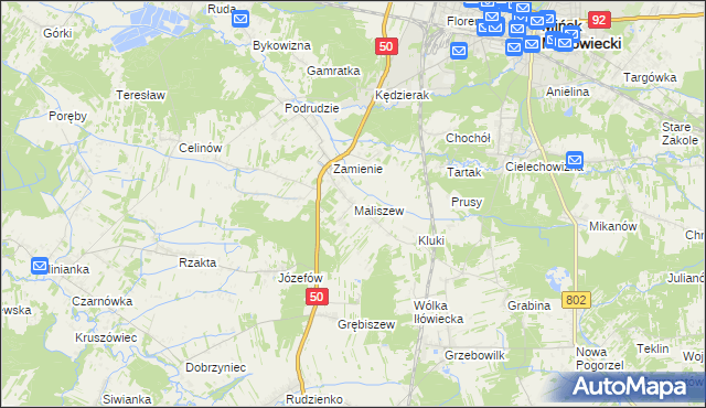 mapa Maliszew gmina Mińsk Mazowiecki, Maliszew gmina Mińsk Mazowiecki na mapie Targeo