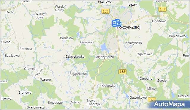 mapa Międzyborze gmina Połczyn-Zdrój, Międzyborze gmina Połczyn-Zdrój na mapie Targeo