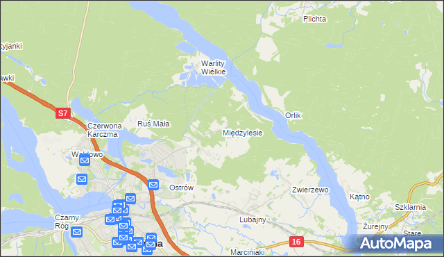 mapa Międzylesie gmina Ostróda, Międzylesie gmina Ostróda na mapie Targeo