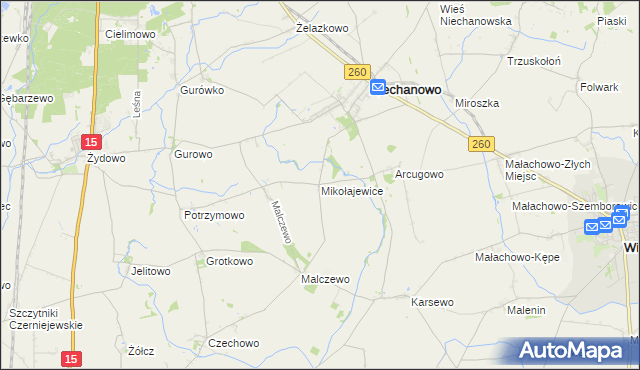 mapa Mikołajewice gmina Niechanowo, Mikołajewice gmina Niechanowo na mapie Targeo