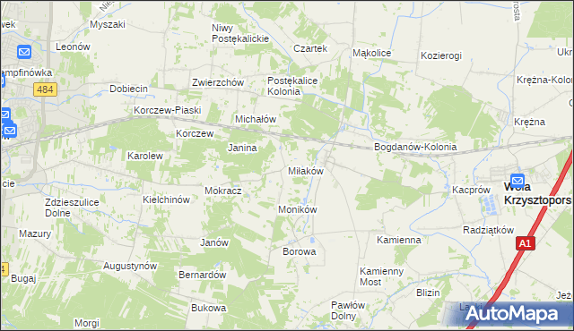 mapa Miłaków gmina Wola Krzysztoporska, Miłaków gmina Wola Krzysztoporska na mapie Targeo