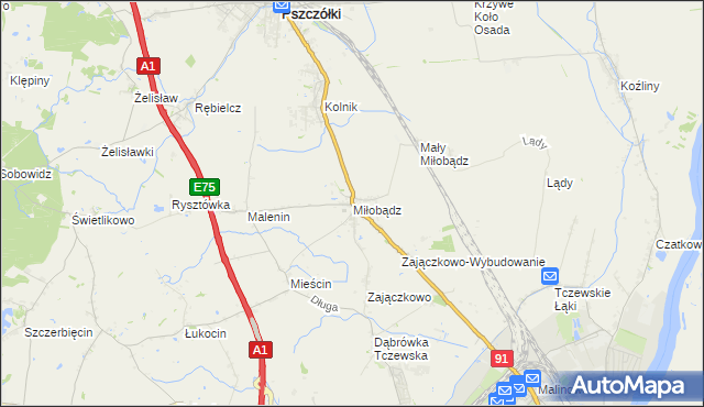 mapa Miłobądz gmina Tczew, Miłobądz gmina Tczew na mapie Targeo